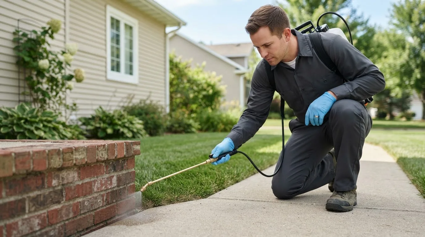 Pest control technician treating a home near Hull, IA