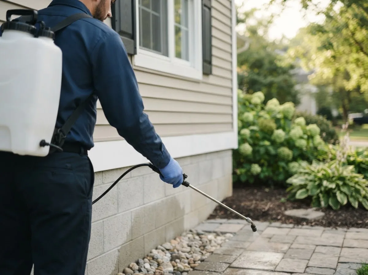 Pest control technician inspecting a home in Hull, IA